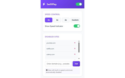 SwiftPlay 2x Speed Videos  from Chrome web store to be run with OffiDocs Chromium online