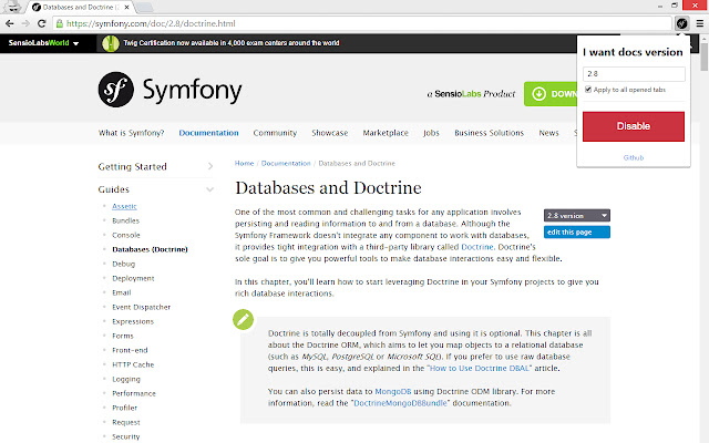 Symfony docs version changer  from Chrome web store to be run with OffiDocs Chromium online