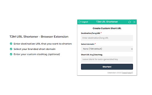 T2M URL Shortener  from Chrome web store to be run with OffiDocs Chromium online