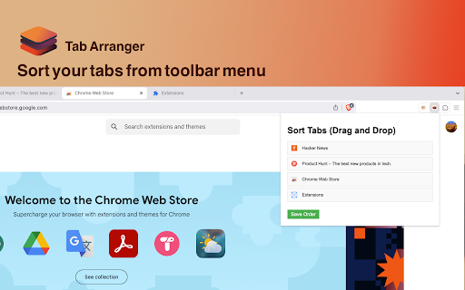 Tab Arranger  from Chrome web store to be run with OffiDocs Chromium online