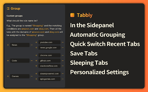 Tabbiy Tab Auto Grouping Expert  from Chrome web store to be run with OffiDocs Chromium online