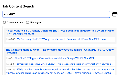 Tab Content Search  from Chrome web store to be run with OffiDocs Chromium online