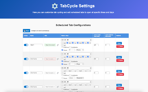 TabCycle Auto Rotate Tabs for Dashboards and Wallboard Displays  from Chrome web store to be run with OffiDocs Chromium online