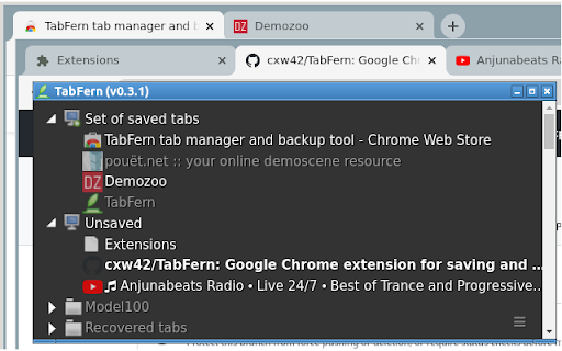 TabFern tab manager and backup tool  from Chrome web store to be run with OffiDocs Chromium online