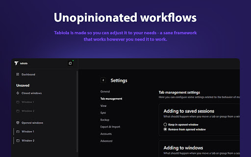 Tabiola: Manage Tabs, Groups, Windows  Sessions  from Chrome web store to be run with OffiDocs Chromium online