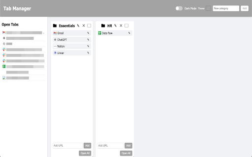 Tab Manager Dashboard  from Chrome web store to be run with OffiDocs Chromium online
