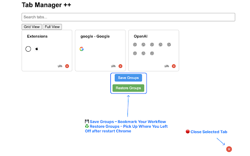Tab Manager Plus Plus  from Chrome web store to be run with OffiDocs Chromium online