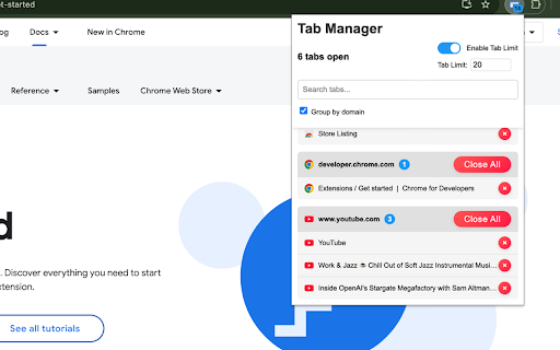 Tab Manager with Limits from Chrome web store to be run with OffiDocs Chromium online Tab Manager with Limits from Chrome web store to be run with OffiDocs Chromium online