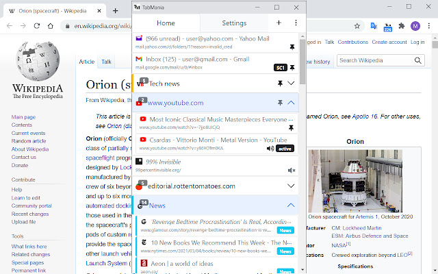 TabMania  from Chrome web store to be run with OffiDocs Chromium online