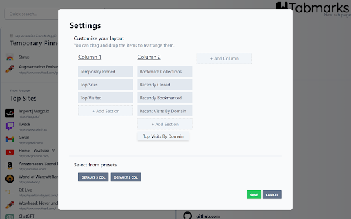 Tabmarks  from Chrome web store to be run with OffiDocs Chromium online
