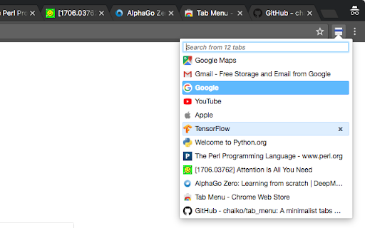 Tab Menu Redux  from Chrome web store to be run with OffiDocs Chromium online