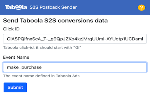 Taboola S2S Postback Sender  from Chrome web store to be run with OffiDocs Chromium online