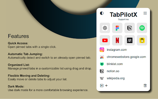 TabPilotX A Simple Tab Manager  from Chrome web store to be run with OffiDocs Chromium online