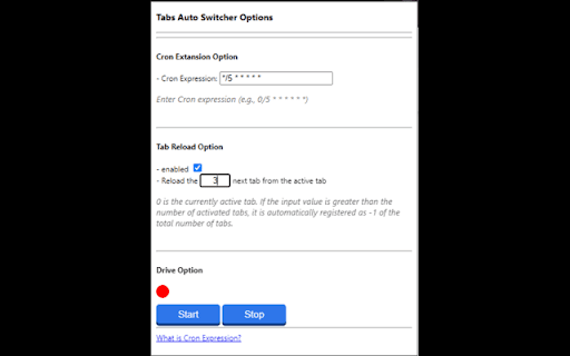 tabs auto switcher using cron expression  from Chrome web store to be run with OffiDocs Chromium online