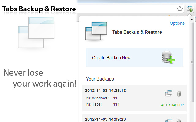 Tabs Backup  Restore, Tom  from Chrome web store to be run with OffiDocs Chromium online