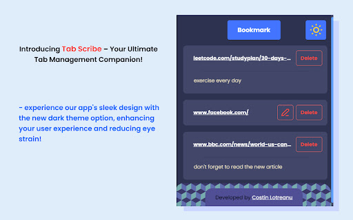 Tab Scribe  from Chrome web store to be run with OffiDocs Chromium online