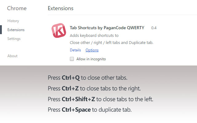 Tab Shortcuts by PaganCode QWERTY  from Chrome web store to be run with OffiDocs Chromium online
