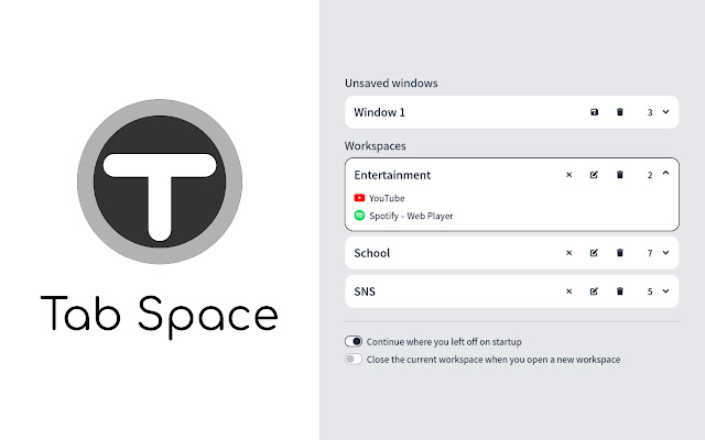 TabSpace  from Chrome web store to be run with OffiDocs Chromium online