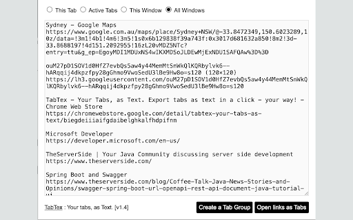 TabTex Tabs, as Text!  from Chrome web store to be run with OffiDocs Chromium online