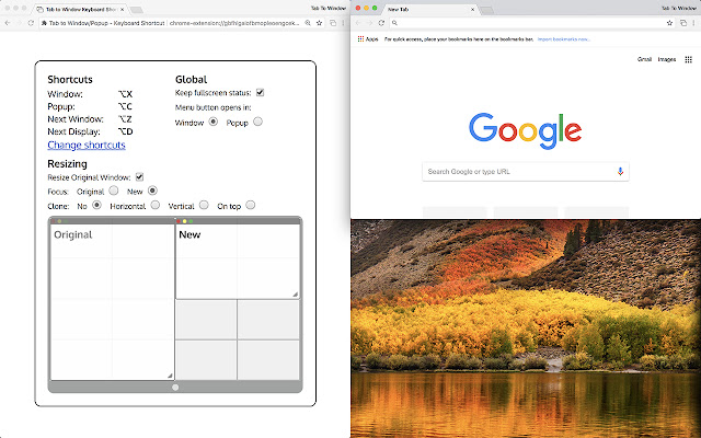 Tab to Window/Popup Keyboard Shortcut  from Chrome web store to be run with OffiDocs Chromium online