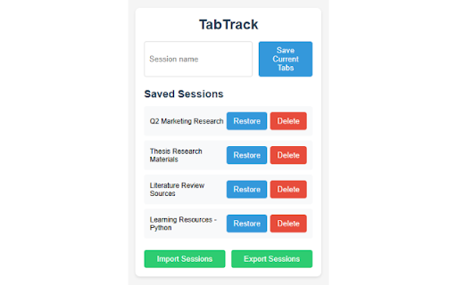 TabTrack Tab Session Manager  from Chrome web store to be run with OffiDocs Chromium online
