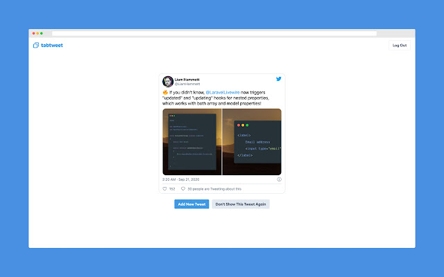 Tabtweet Tweets On New Tab  from Chrome web store to be run with OffiDocs Chromium online