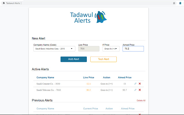 Tadawul Alerts  from Chrome web store to be run with OffiDocs Chromium online