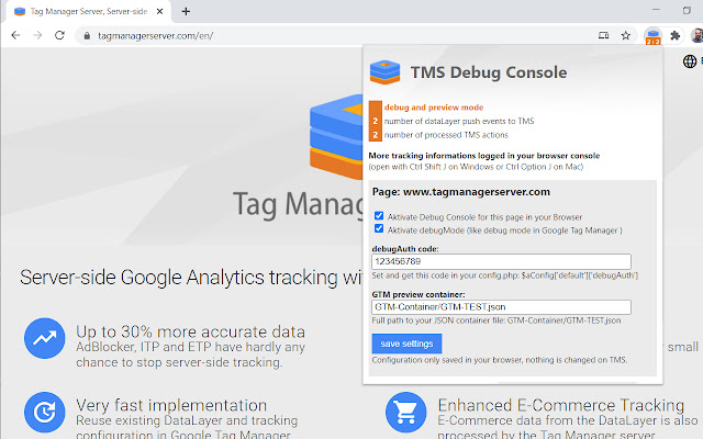 Tag Manager Server Debug Console  from Chrome web store to be run with OffiDocs Chromium online