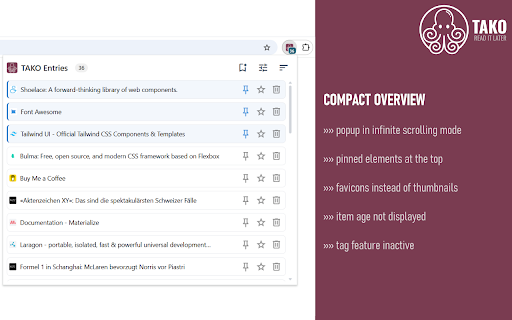 TAKO Read it later  from Chrome web store to be run with OffiDocs Chromium online