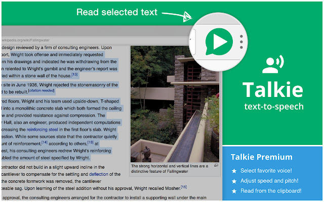 Talkie: text to speech, many languages!  from Chrome web store to be run with OffiDocs Chromium online