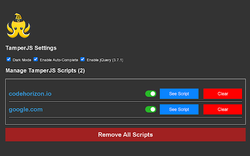 TamperJS — Inject Javascript Easily  from Chrome web store to be run with OffiDocs Chromium online