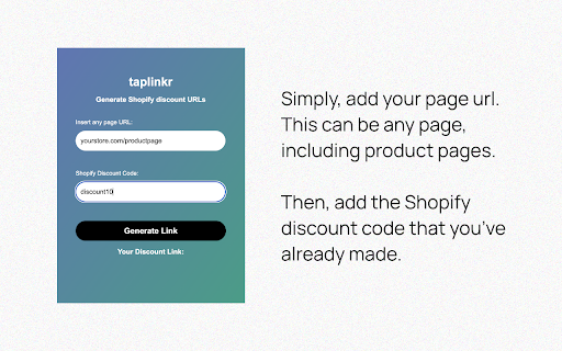 Taplinkr Shopify Discount Link Generator  from Chrome web store to be run with OffiDocs Chromium online