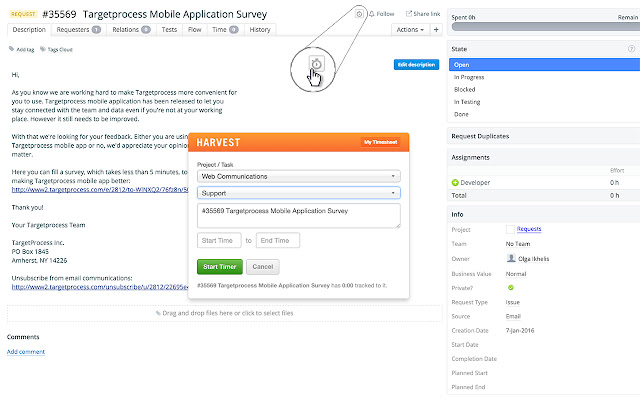 TargetProcess 3 Harvest Time Tracking  from Chrome web store to be run with OffiDocs Chromium online