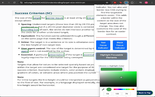 Target Size Minimum  from Chrome web store to be run with OffiDocs Chromium online
