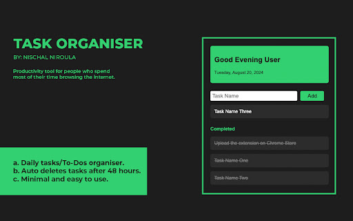 Task Organiser by Nischal from Chrome web store to be run with OffiDocs Chromium online Task Organiser by Nischal from Chrome web store to be run with OffiDocs Chromium online