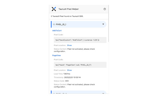 TaurusX Pixel Helper  from Chrome web store to be run with OffiDocs Chromium online