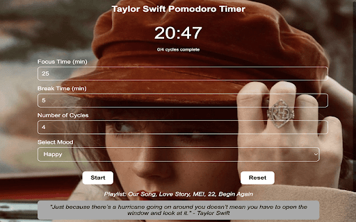 Taylor Swift Pomodoro Timer  from Chrome web store to be run with OffiDocs Chromium online