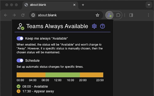 Teams Always Available  from Chrome web store to be run with OffiDocs Chromium online