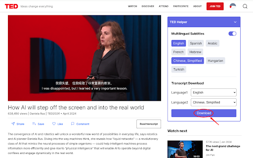 TED Transcript Download  from Chrome web store to be run with OffiDocs Chromium online