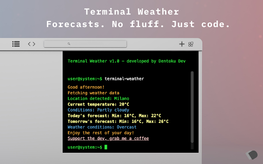Terminal Weather Retro Command Line Forecast  Weather Tracker for Chrome  from Chrome web store to be run with OffiDocs Chromium online