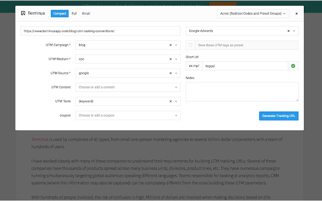 Terminus UTM Builder  from Chrome web store to be run with OffiDocs Chromium online