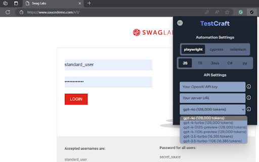 TestCraft  from Chrome web store to be run with OffiDocs Chromium online