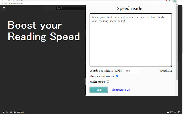 Testing Reading Speed  from Chrome web store to be run with OffiDocs Chromium online