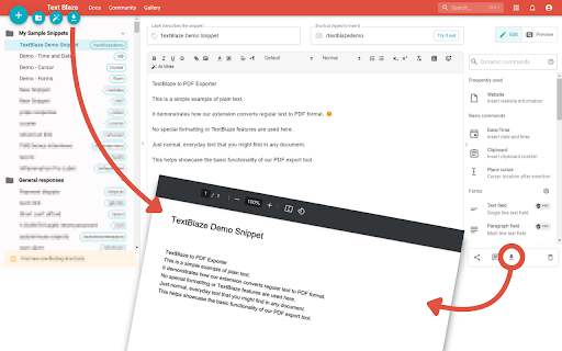 TextBlaze Snippets to PDF  from Chrome web store to be run with OffiDocs Chromium online