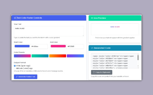Text Color Fader: Create Stunning Gradient Text in Seconds!  from Chrome web store to be run with OffiDocs Chromium online