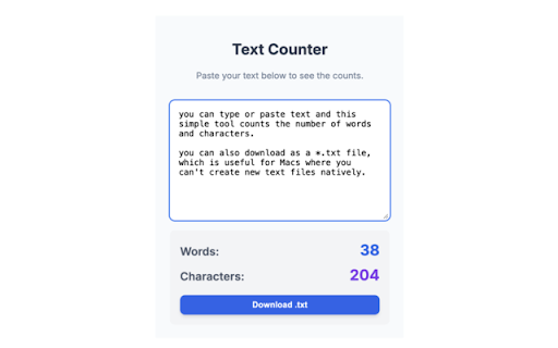 Text Counter and Downloader  from Chrome web store to be run with OffiDocs Chromium online