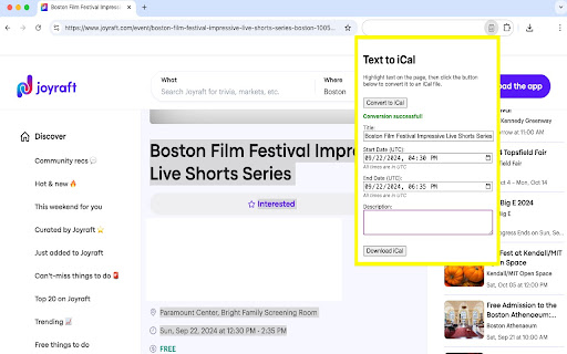 Text to iCal  from Chrome web store to be run with OffiDocs Chromium online