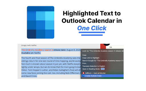 Text to Outlook Calendar  from Chrome web store to be run with OffiDocs Chromium online