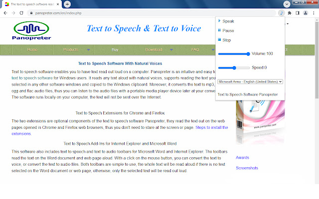 Text to Speech Extension Panopreter.com  from Chrome web store to be run with OffiDocs Chromium online
