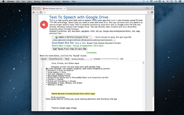 Text To Speech dengan Google Drive dari toko web Chrome untuk dijalankan dengan OffiDocs Chromium online